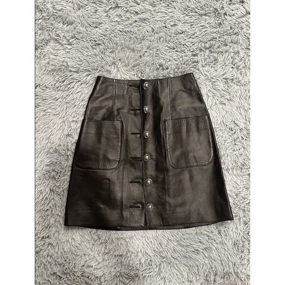 Chanel Black Leather Button-Front Skirt Size 34 Made In France Womens Luxury Fas